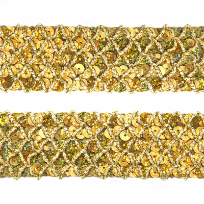 Тесьма с пайетками D16, шир. 35 мм/уп. 25+/-1 м, цвет золото - купить в Симферополе. Цена: 1 281.60 руб.