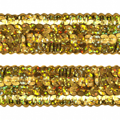 Тесьма с пайетками D16, шир. 20 мм/уп. 25+/-1 м, цвет золото - купить в Симферополе. Цена: 778.19 руб.